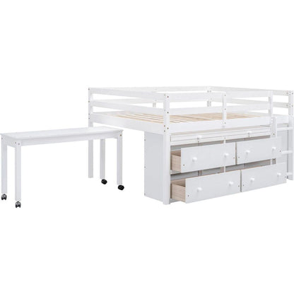Full Size Loft Bed with Retractable Writing Desk and 4 Drawers, Wooden Loft Bed with Lateral Portable Desk and Shelves, White