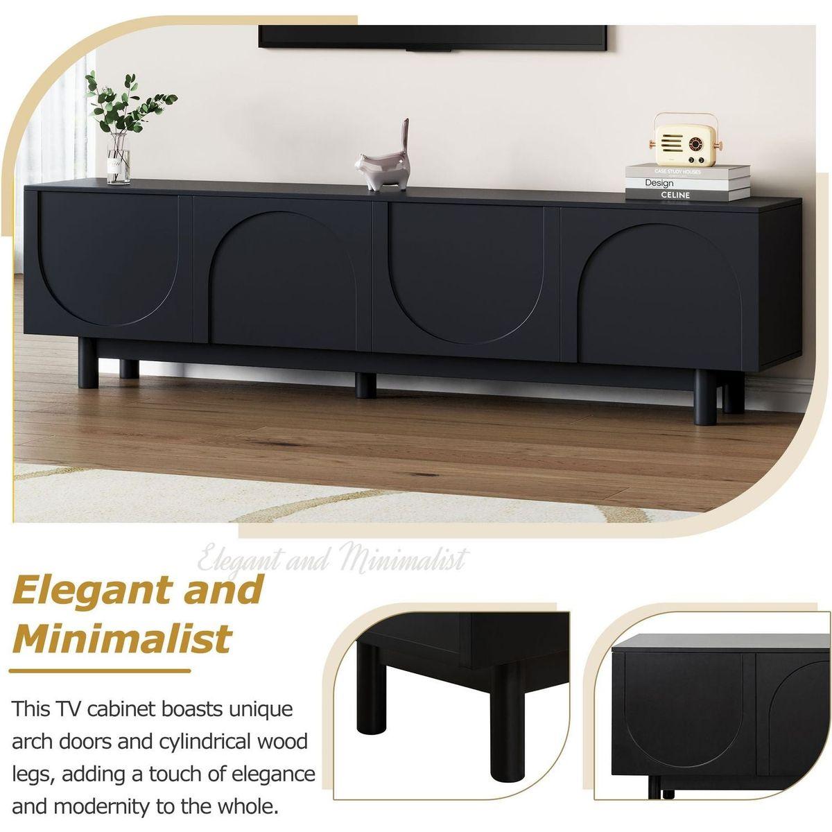 Graceful TV Stand with Arch Cabinets for TVs Up to 78", Minimalist Entertainment Center with Solid Wood Legs, Practical Media Console with Adjustable Shelves for Living Room, Black