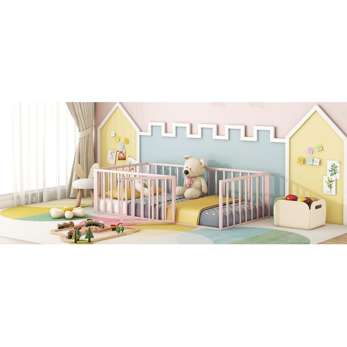 Twin Size Metal Floor Bed Frame with Fence and Door, Pink