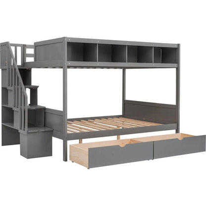 Twin over Full Bunk Bed with Shelfs, Storage Staircase and 2 Drawers, Gray