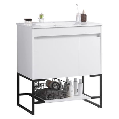 30" Bathroom Vanity with Sink,Bathroom Vanity Cabinet with One Soft Close Cabinet Doors & soft-close Drawers,Bathroom Storage Cabinet with a Lower Open Shelf,with Metal Legs,White Ceramic Sink,White