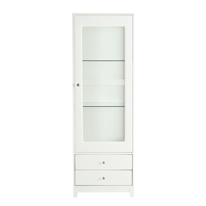 Modern Upholstered Glass Display Cabinet with Adjustable LED Light in White, 71'' Tall