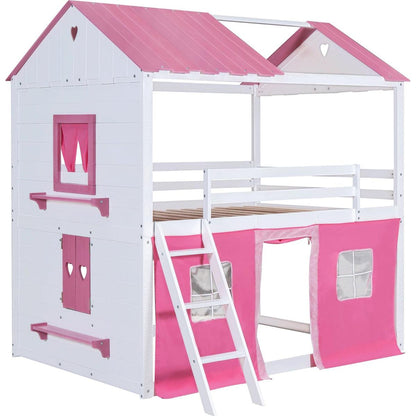 Full Size Bunk Wood House Bed with Elegant Windows, Sills and Tent, Pink+White