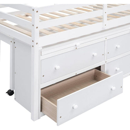 Twin Size Loft Bed with Retractable Writing Desk and 4 Drawers, Wooden Loft Bed with Lateral Portable Desk and Shelves, White