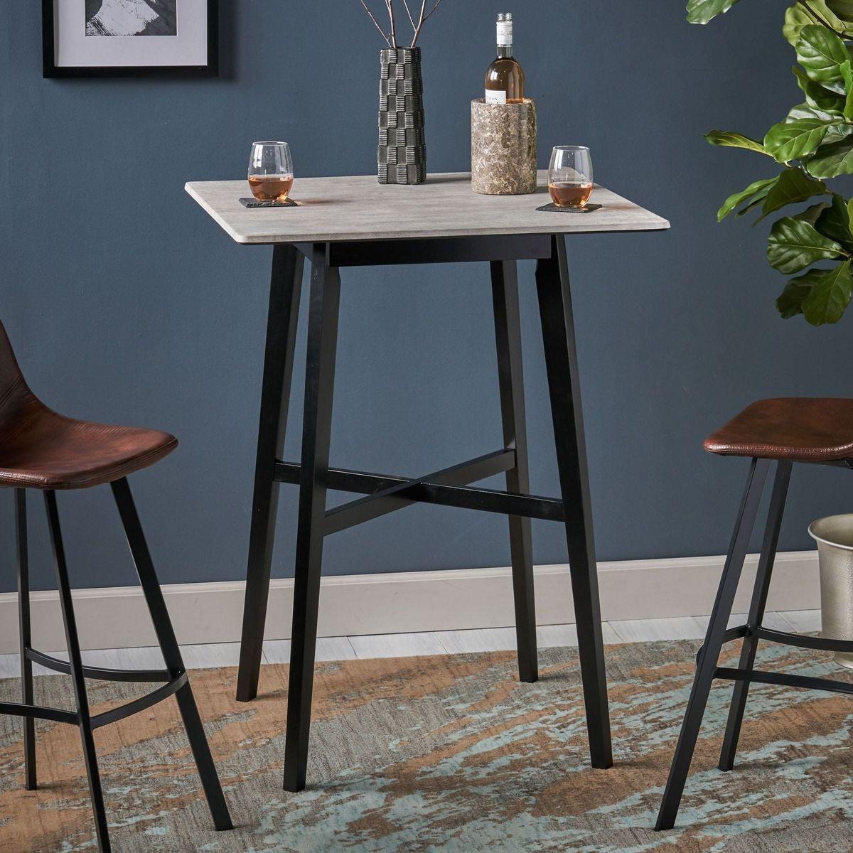 Modern Bar Height 42" Dining Table, Rubberwood Legs and Laminate Table Top, Gray Finish, Black