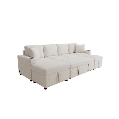 Beige Chenille Sectional Sofa Convertible Pull-out Bed with Storage Ottoman & USB Ports, 109.1'
