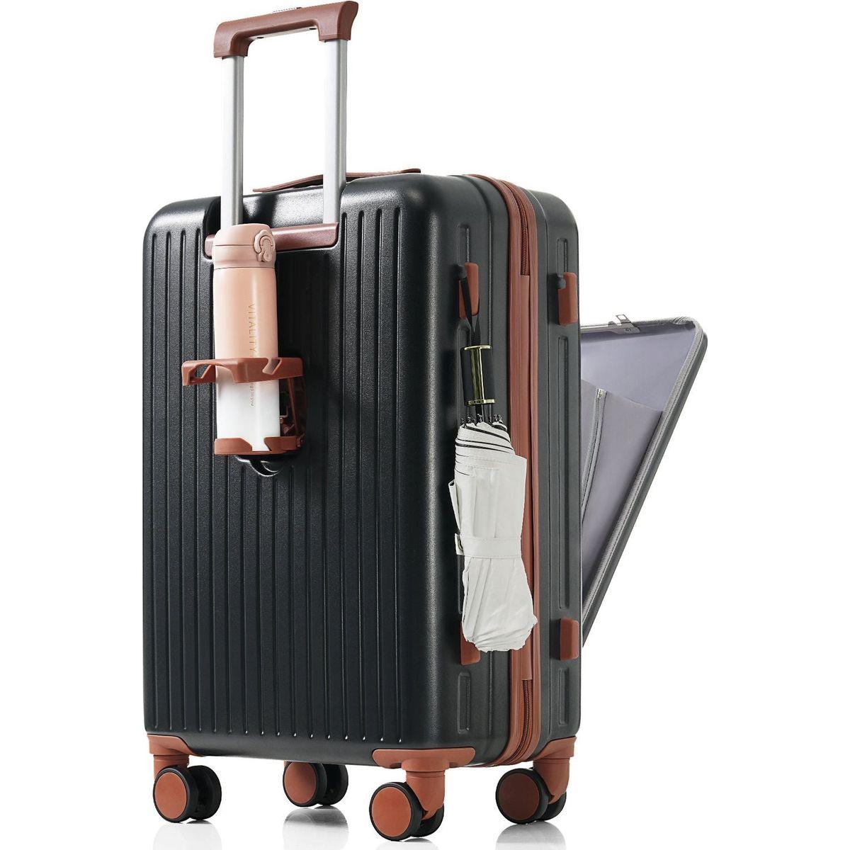 Front Opening 20-Inch Carry-On Luggage with Expandable Travel Bag Set, ABS Hard Shell Two-piece suitcase set with USB Port, Cup Holder, black and brown