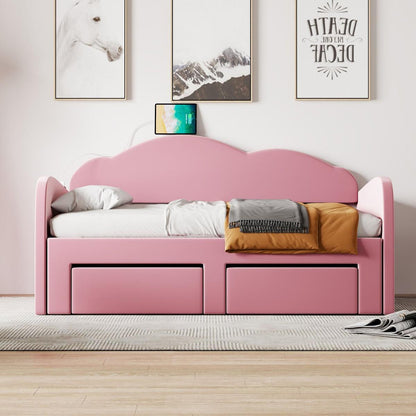 Twin Size Upholstered daybed with Cloud-Shaped Backrest, Trundle & 2 Drawers and USB Ports, Pink