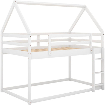 Twin over Twin Low Bunk Bed, House Bed with Ladder, White