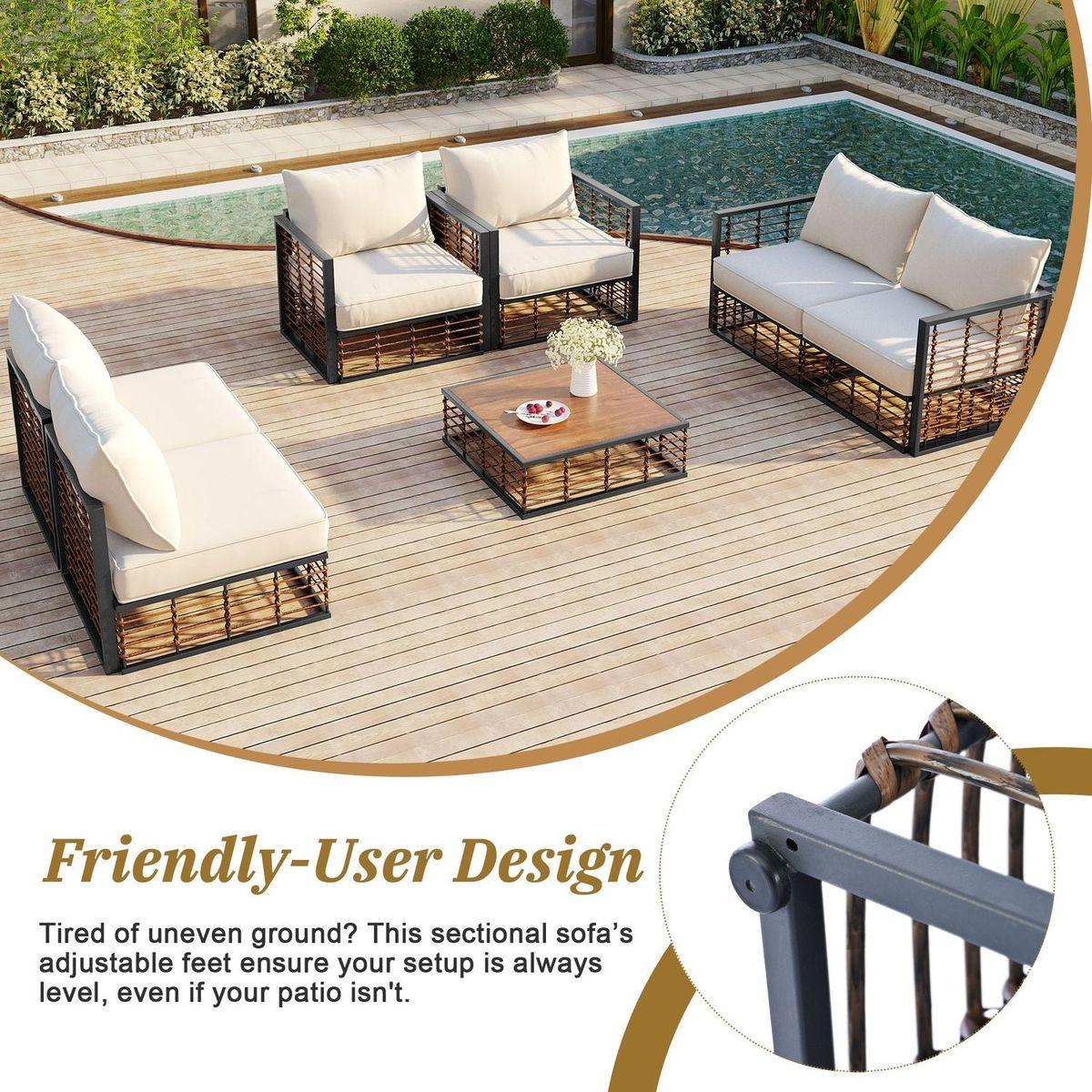 Modern Minimalist 7-Piece Metal Patio Sectional Sofa Set, All-Weather Garden Conversational Furniture Set with Thick Cushions and Coffee Table for Indoor Outdoor, Gray