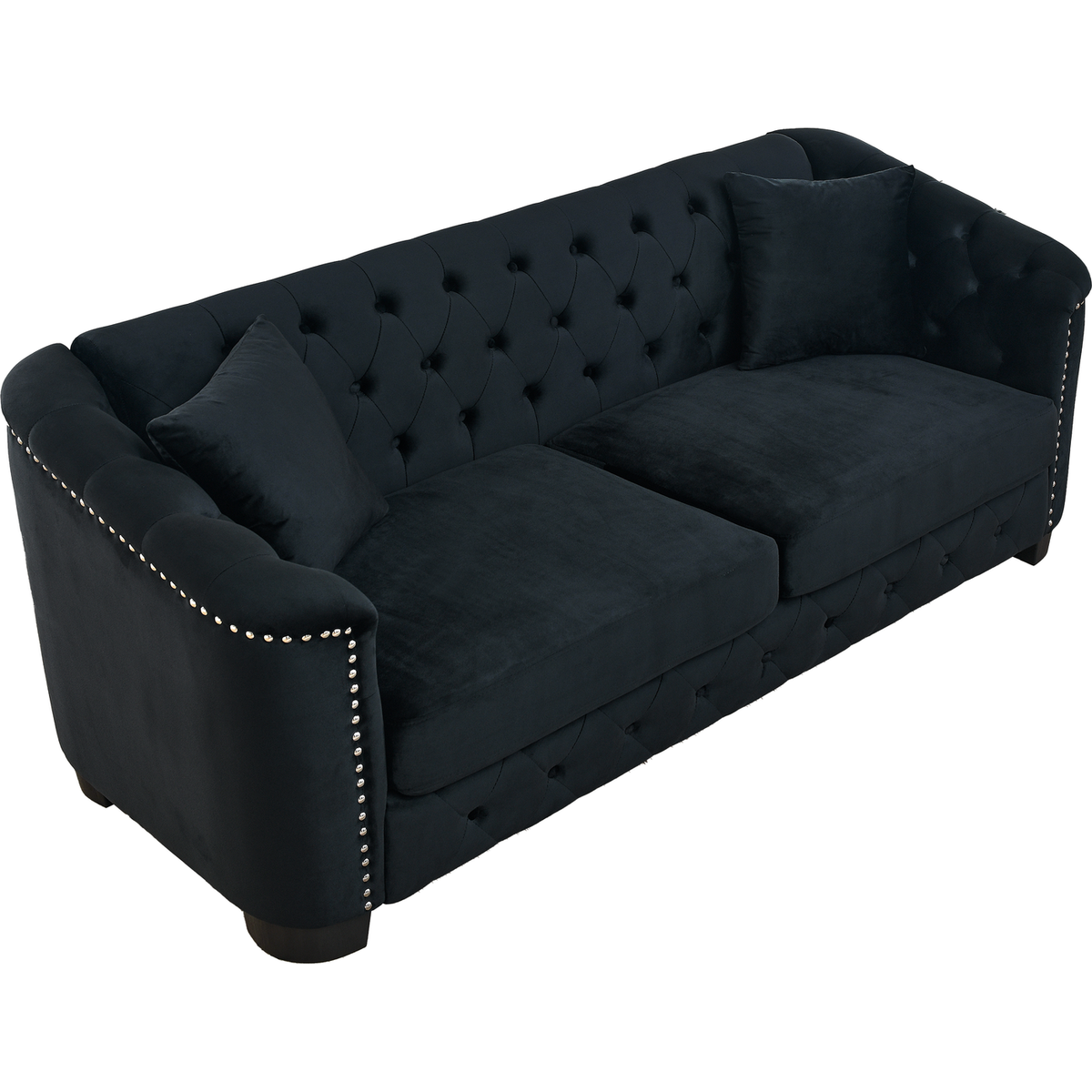 77-Inch Modern Chesterfield Velvet Sofa, 3-Seater Sofa, Upholstered Tufted Backrests with Nailhead Arms and 2 Cushions for Living Room, Bedroom, Apartment, Office (Black)