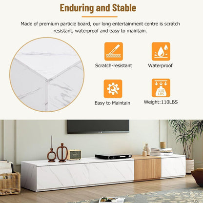 TV Stand with Faux Marble and Walnut Wood Grain Finish for TVs up to 88", Modern Free-Combination Entertainment Center with 4 Storage Drawers for Living Room, White