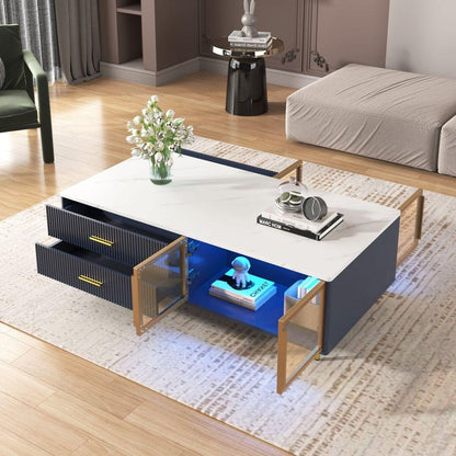 Modern Navy Blue Coffee Table with 2 Glass Door Storage, 4 Drawers, Gold Metal Legs, and Multi-Color Lighting in 47.2"