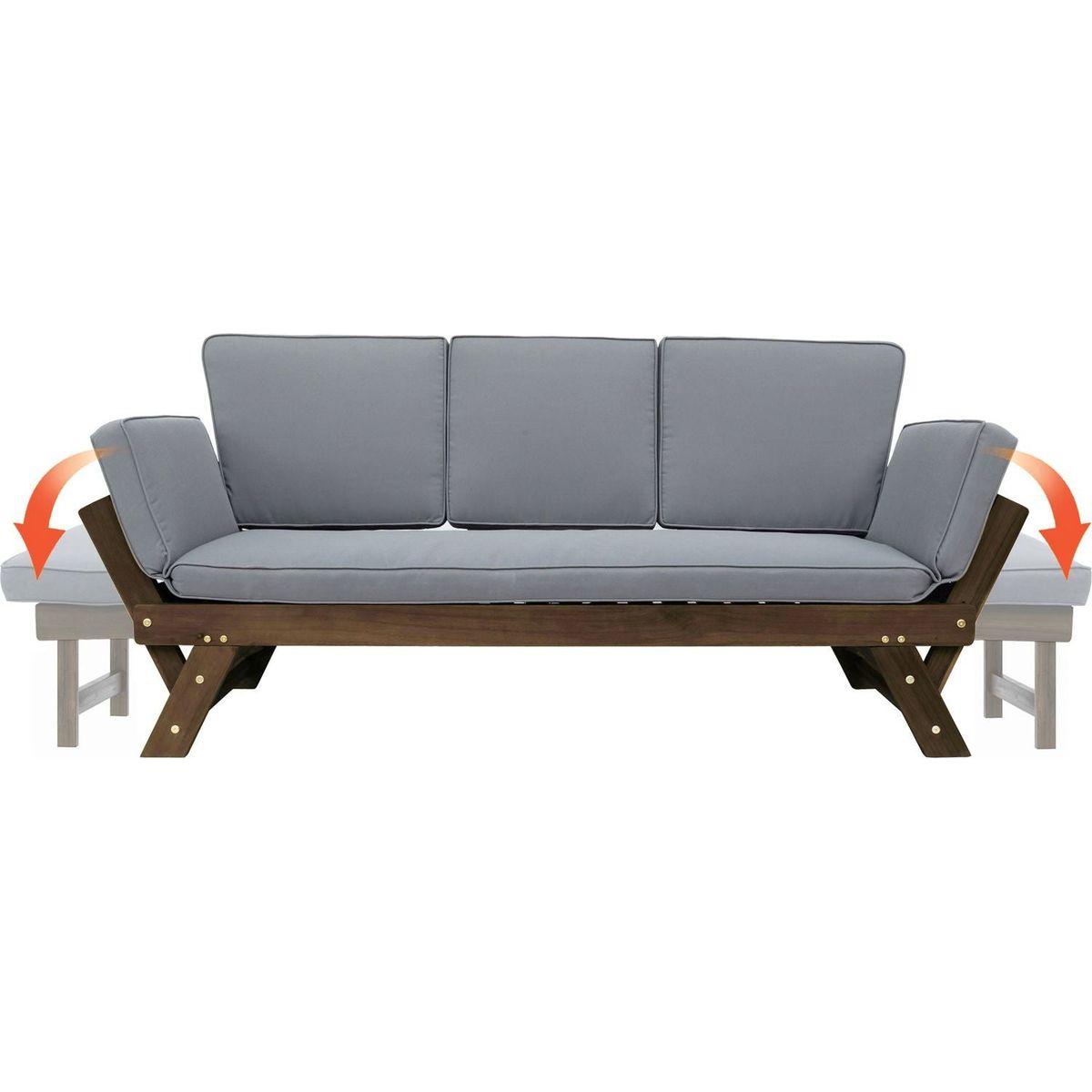 Outdoor Adjustable Patio Wooden Daybed Sofa Chaise Lounge with Cushions for Small Places, Brown Finish+Gray Cushion