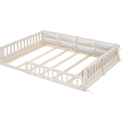 Wood Full Size Upholstered Platform Bed with Guardrail and Pillow, Beige