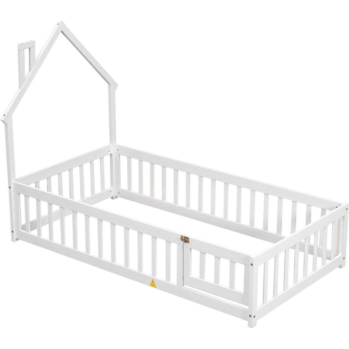 Twin House-Shaped Headboard Floor Bed with Fence,White