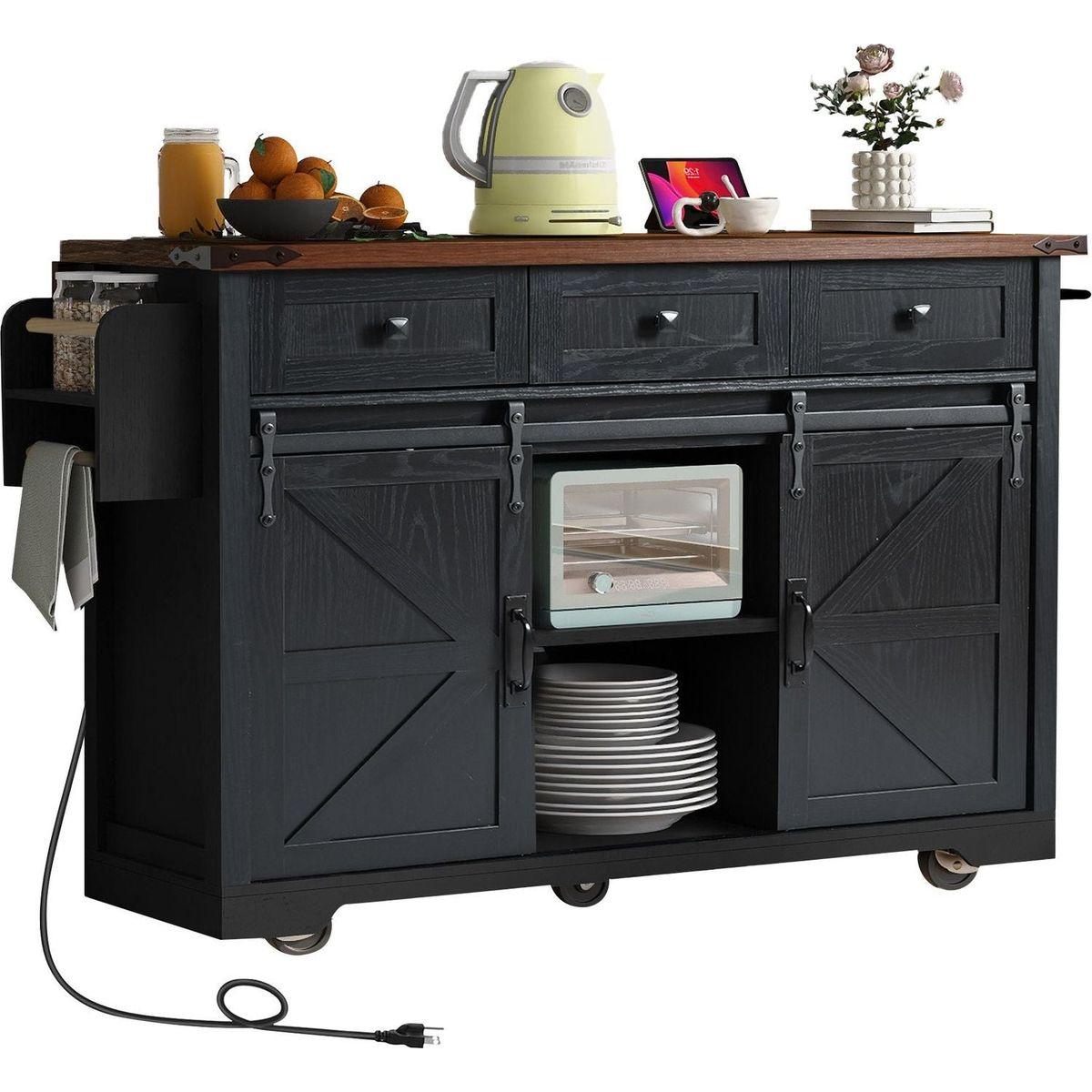 53.7" Farmhouse Kitchen Island with Power Outlet, 2 Sliding Barn Door Kitchen Storage Island with Drop Leaf, Spice Rack Rolling Kitchen Cart on Wheels, for Home, Kitchen and Dining Room, Black