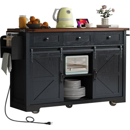 53.7" Farmhouse Kitchen Island with Power Outlet, 2 Sliding Barn Door Kitchen Storage Island with Drop Leaf, Spice Rack Rolling Kitchen Cart on Wheels, for Home, Kitchen and Dining Room, Black