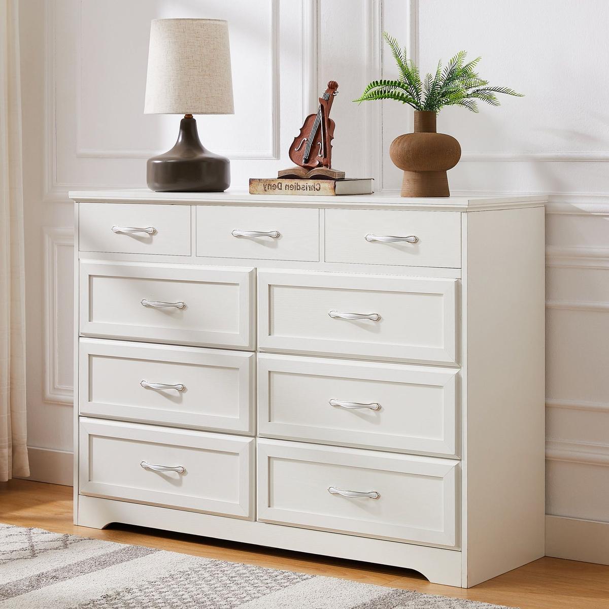 Bedroom dresser, 9 drawer long dresser with antique handles, wood chest of drawers for kids room, living room, entry and hallway, White, 47.56"W x 15.75"D x 34.45"H.