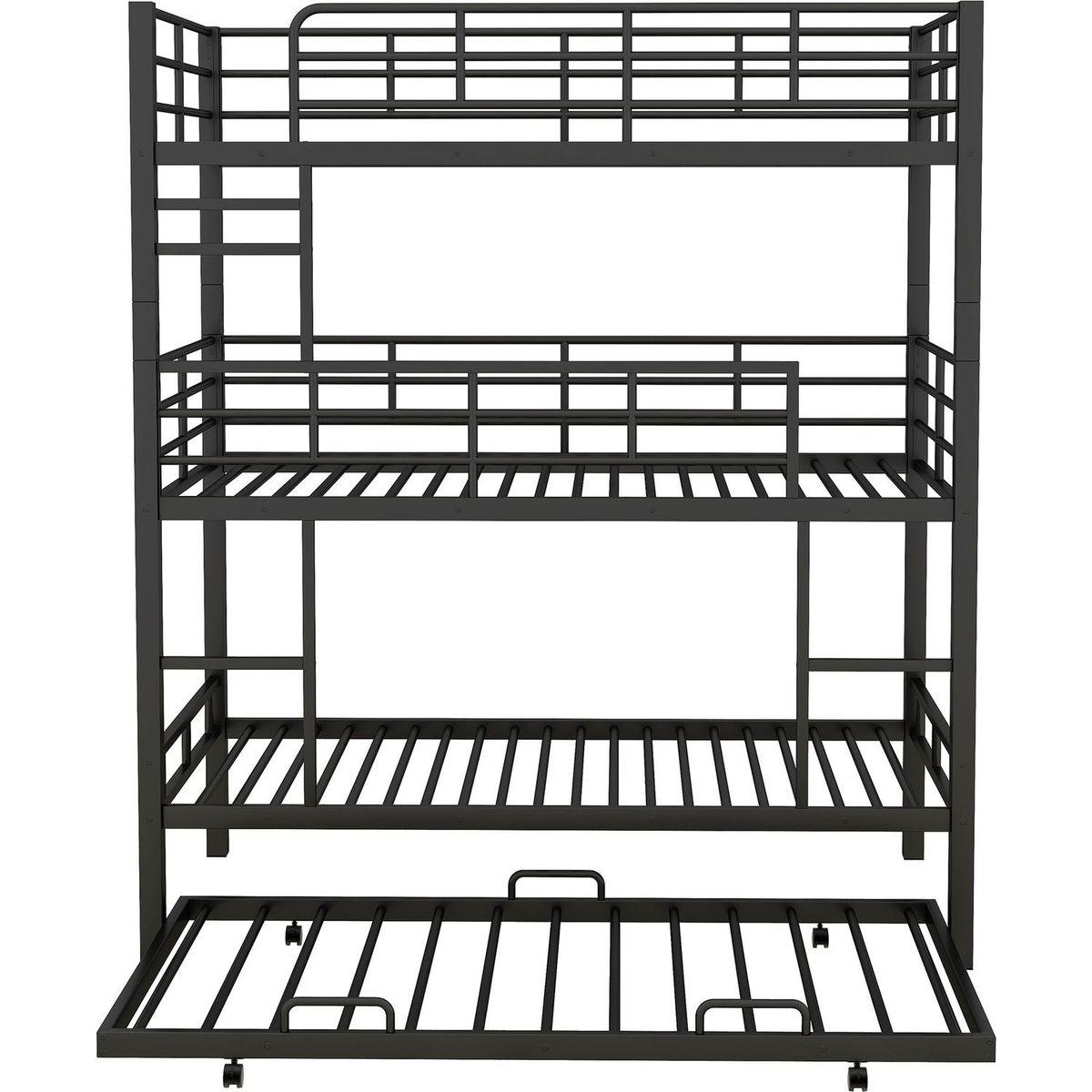 Metal Twin Size Triple Bunk Bed With Trundle, Black