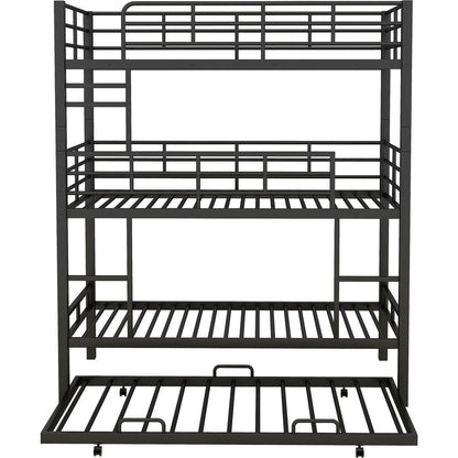 Metal Twin Size Triple Bunk Bed With Trundle, Black
