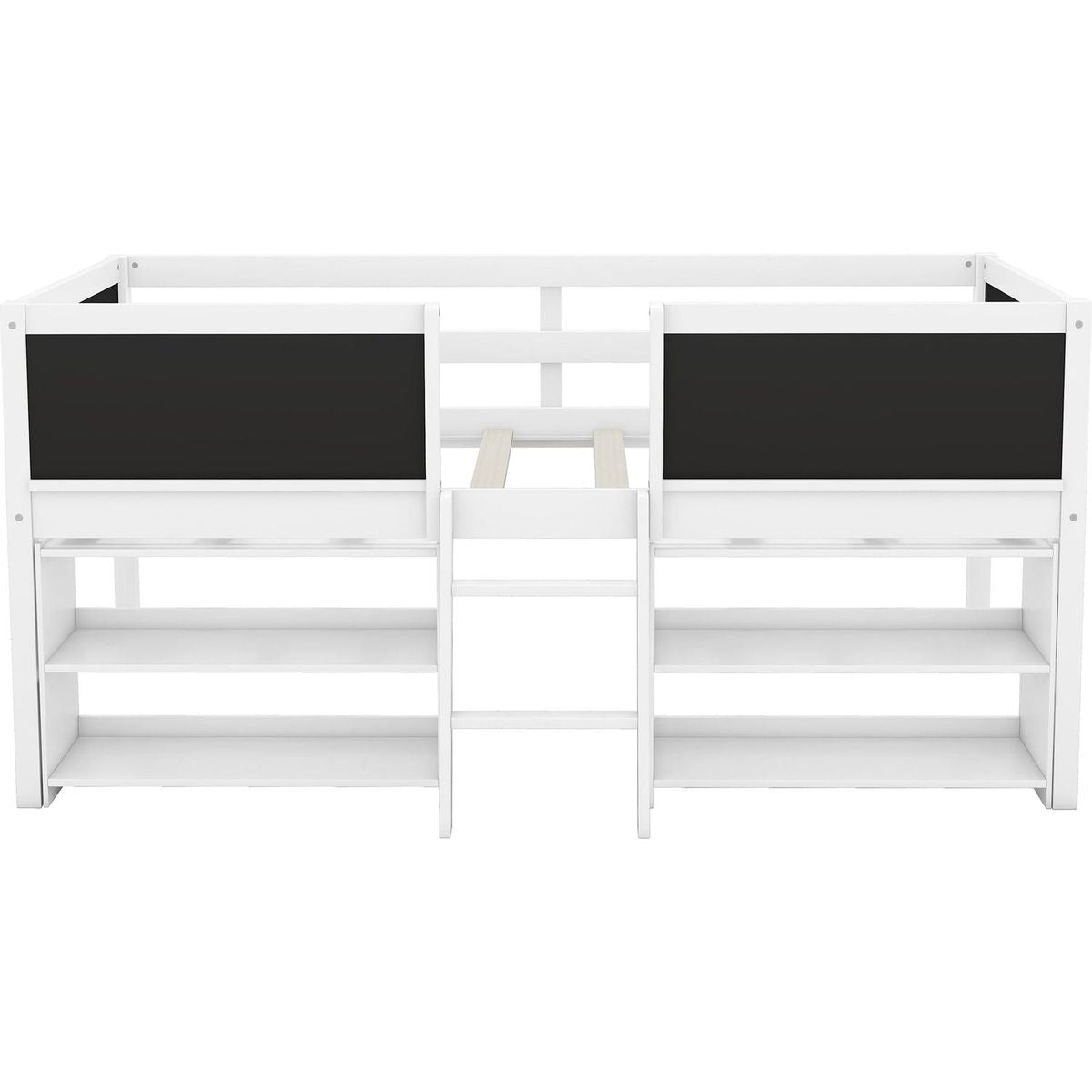 Twin Size Low Loft Bed with Two Movable Shelves and Ladder,with Decorative Guardrail Chalkboard,White