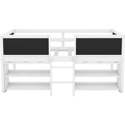 Twin Size Low Loft Bed with Two Movable Shelves and Ladder,with Decorative Guardrail Chalkboard,White