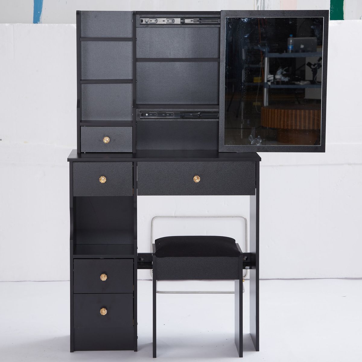 Small Size Left Drawer Desktop Vanity Table + Cushioned Stool, Extra Large Sliding Mirror, Multi Layer, High Capacity Storage Fashionable Dresser, Suitable for Small Space, EPA,GCC,UL Certificate