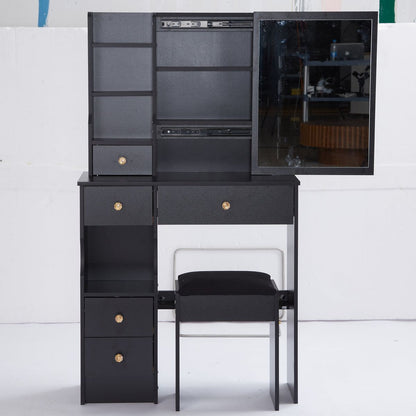 Small Size Left Drawer Desktop Vanity Table + Cushioned Stool, Extra Large Sliding Mirror, Multi Layer, High Capacity Storage Fashionable Dresser, Suitable for Small Space, EPA,GCC,UL Certificate