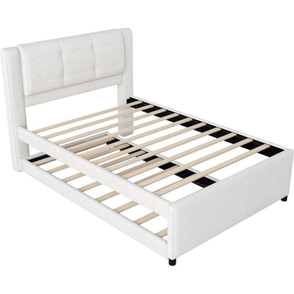Full Size Upholstery platform bed with Trundle,Trundle can be flat or erected, Beige