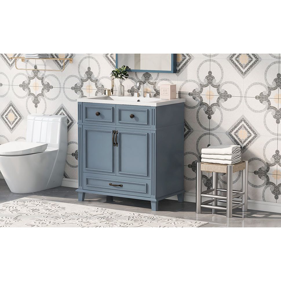 30" Bathroom Vanity with Resin Sink,Solid Wood Frame Bathroom Storage Cabinet with Soft Closing Doors,Retro Style, Blue