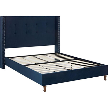 Upholstered Queen Bed / 54" High Headboard / Traditional Hand Buttoned Tufting / Nailhead Trim Wingback / No Box Spring Needed / Easy Assembly / Blue Velvet