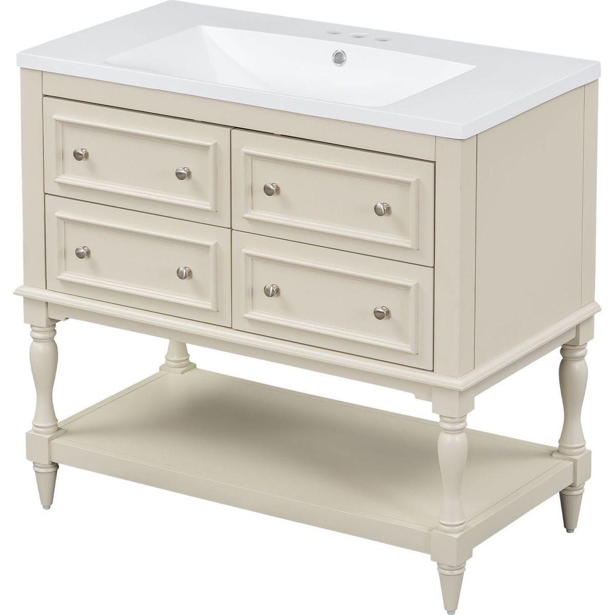 36" Bathroom Vanity Cabinet with Sink Combo Set, Undermount Resin Sink, Free Standing Vanity Set with 4 Drawers, Solid Wood Frame Bathroom Cabinet, Beige