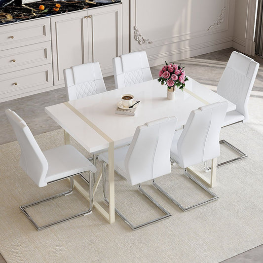 Table and chair set.55'x31.4' Cream-Style White MDF Dining Table Set with 6 White Chairs With Silver Metal Legs.MDF Tabletop and metal frame legs.Adding a warm and gentle atmosphere to your family.