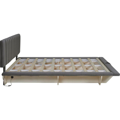 Queen Size Upholstered Floating Bed with LED Light and USB Port, Velvet, Gray, Hydrualic Platform Bed
