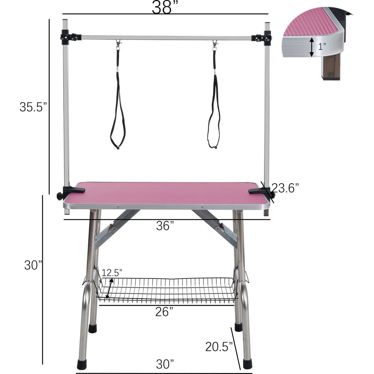 36" Folding Dog Pet Grooming Table Stainless Steel Frame Rubber Mat on Board with Adjustable Arm and Clamps pet dog Cat Grooming Table (PINK COLOR)