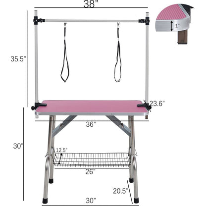 36" Folding Dog Pet Grooming Table Stainless Steel Frame Rubber Mat on Board with Adjustable Arm and Clamps pet dog Cat Grooming Table (PINK COLOR)