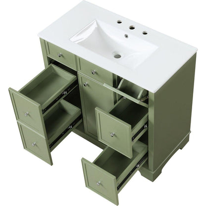 36" Bathroom Vanity with Sink, One Cabinet with Three drawers and One Flip Drawer, Solid Wood and MDF Board, Green