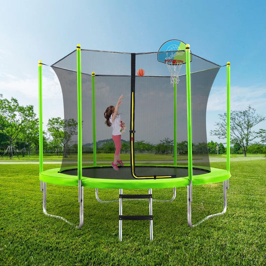 10FT Trampoline for Kids with Safety Enclosure Net, Basketball Hoop and Ladder, Easy Assembly Round Outdoor Recreational Trampoline