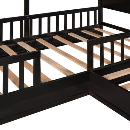 Wood House Bed Twin Size, 2 Twin Solid Bed L structure with fence and slatted frame, Espresso