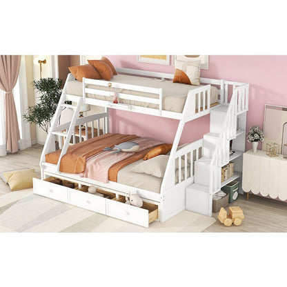 Twin-Over-Full Bunk Bed with Drawers氓Ladder and Storage Staircase, White