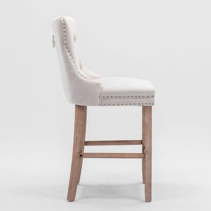Contemporary Velvet Upholstered Barstools with Button Tufted Decoration and Wooden Legs, and Chrome Nailhead Trim, Leisure Style Bar Chairs,Bar stools, Set of 2 (Beige)