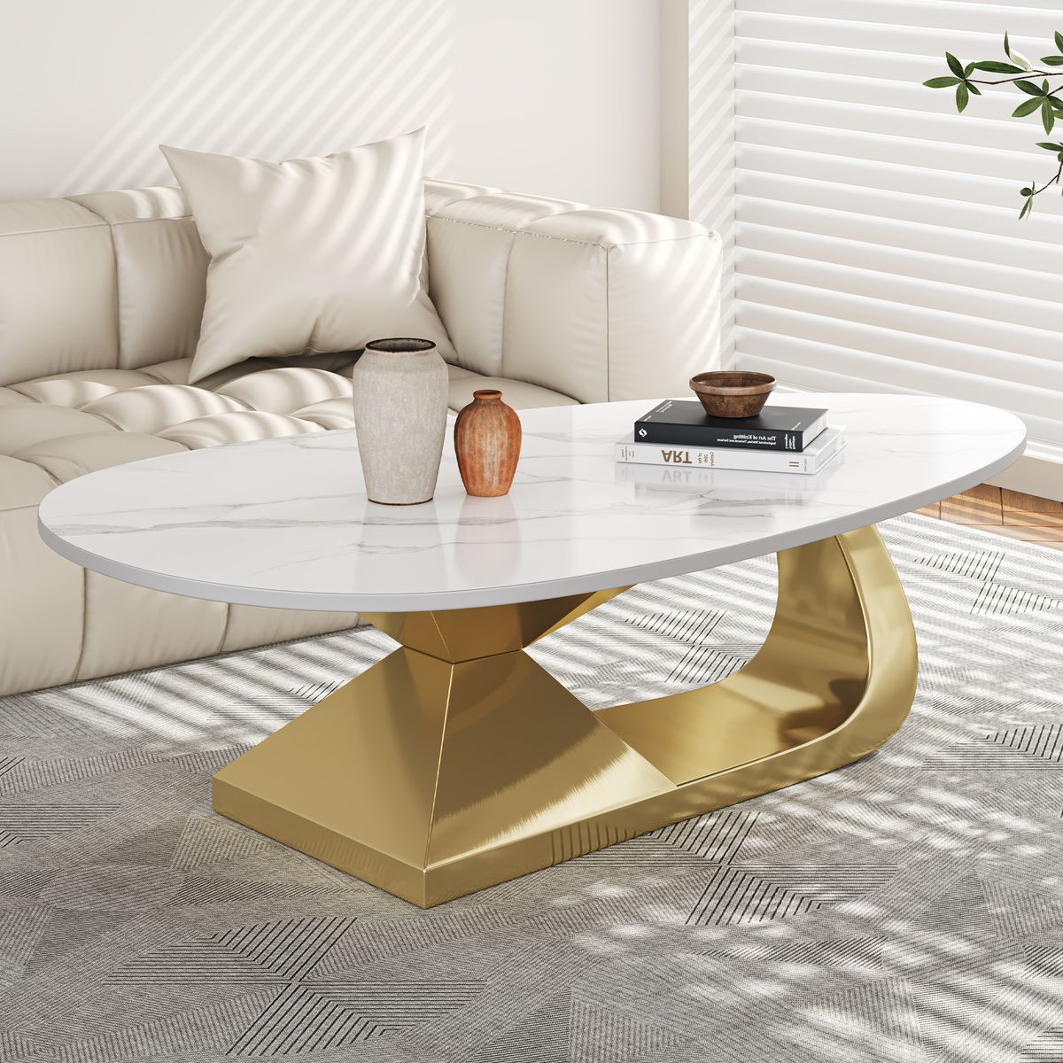 Modern Sintered Stone Tabletop Coffee Table with Stainless Steel Base - Elegant and Durable Living Room Centerpiece