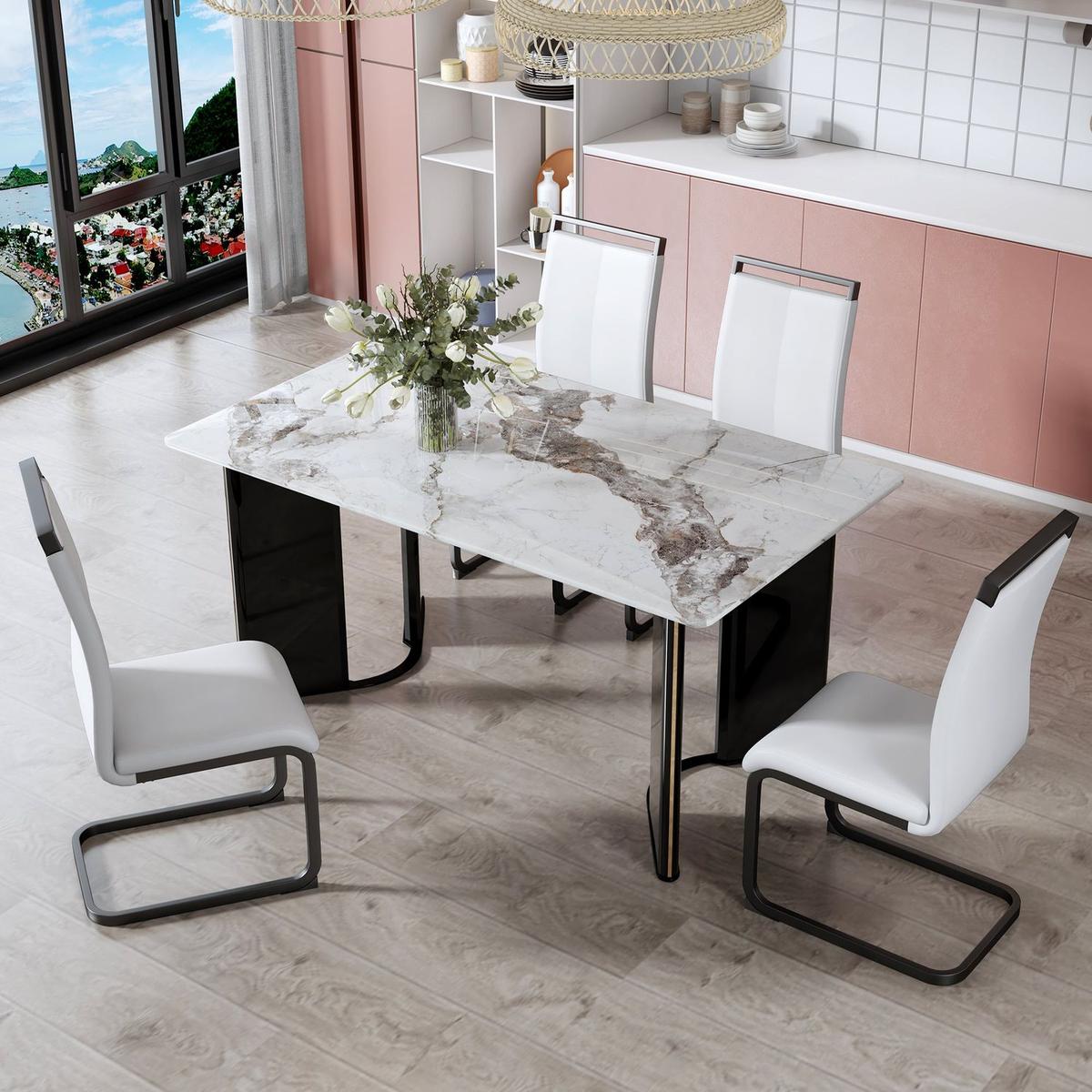 Table and chair set. A white imitation marble desktop with MDF legs and gold metal decorative strips. Paired with 4 dining chairs with white backrest and black metal legs.F-HH