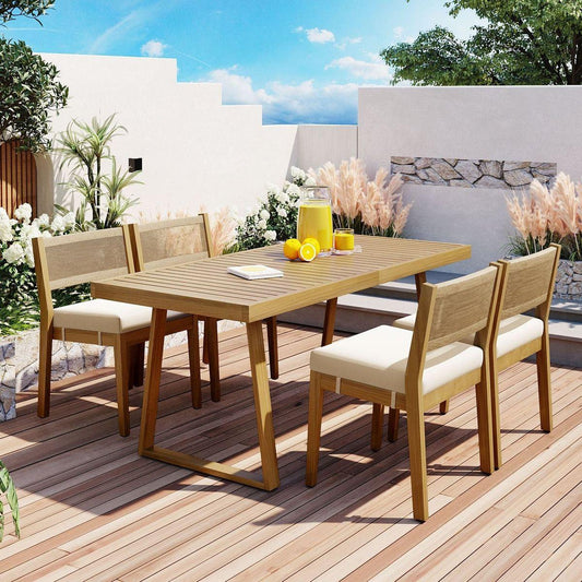Multi-person Outdoor Acacia Wood Dining Table and Chair Set, Thick Cushions, Suitable for Balcony, Vourtyard, and Garden.