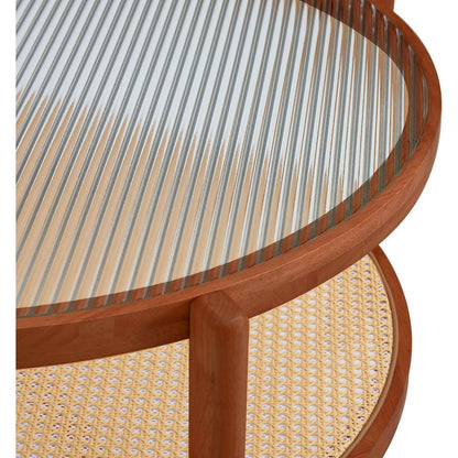 Modern minimalist circular double-layer solid wood coffee table, craft glass tabletop, second layer material: PE rattan, solid wood frame. 34.6 'x 34.6' x 17.7"
