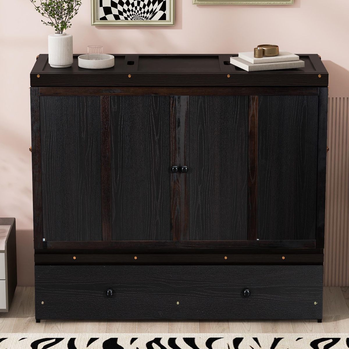 Full Size Murphy Bed with USB Port and a Large Drawer, Espresso