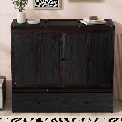 Full Size Murphy Bed with USB Port and a Large Drawer, Espresso