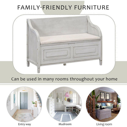 Rustic Style Solid wood Entryway Multifunctional Storage Bench with Safety Hinge (Gray Wash+ Beige)