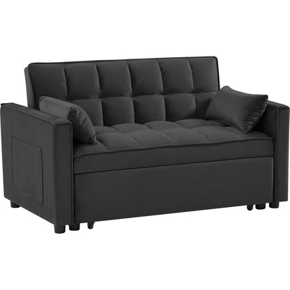 Modern Velvet Loveseat Futon Sofa Couch w/Pullout Bed,Small Love Seat Lounge Sofa w/Reclining Backrest,Toss Pillows, Pockets,Furniture for Living Room,3 in 1 Convertible Sleeper Sofa Bed, Black